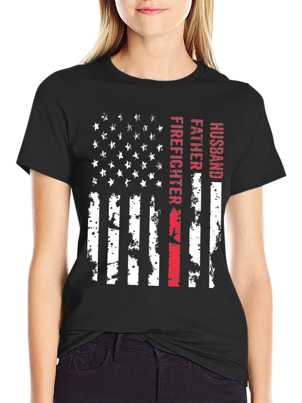 Firefighter Husband Father American Flag T-Shirt