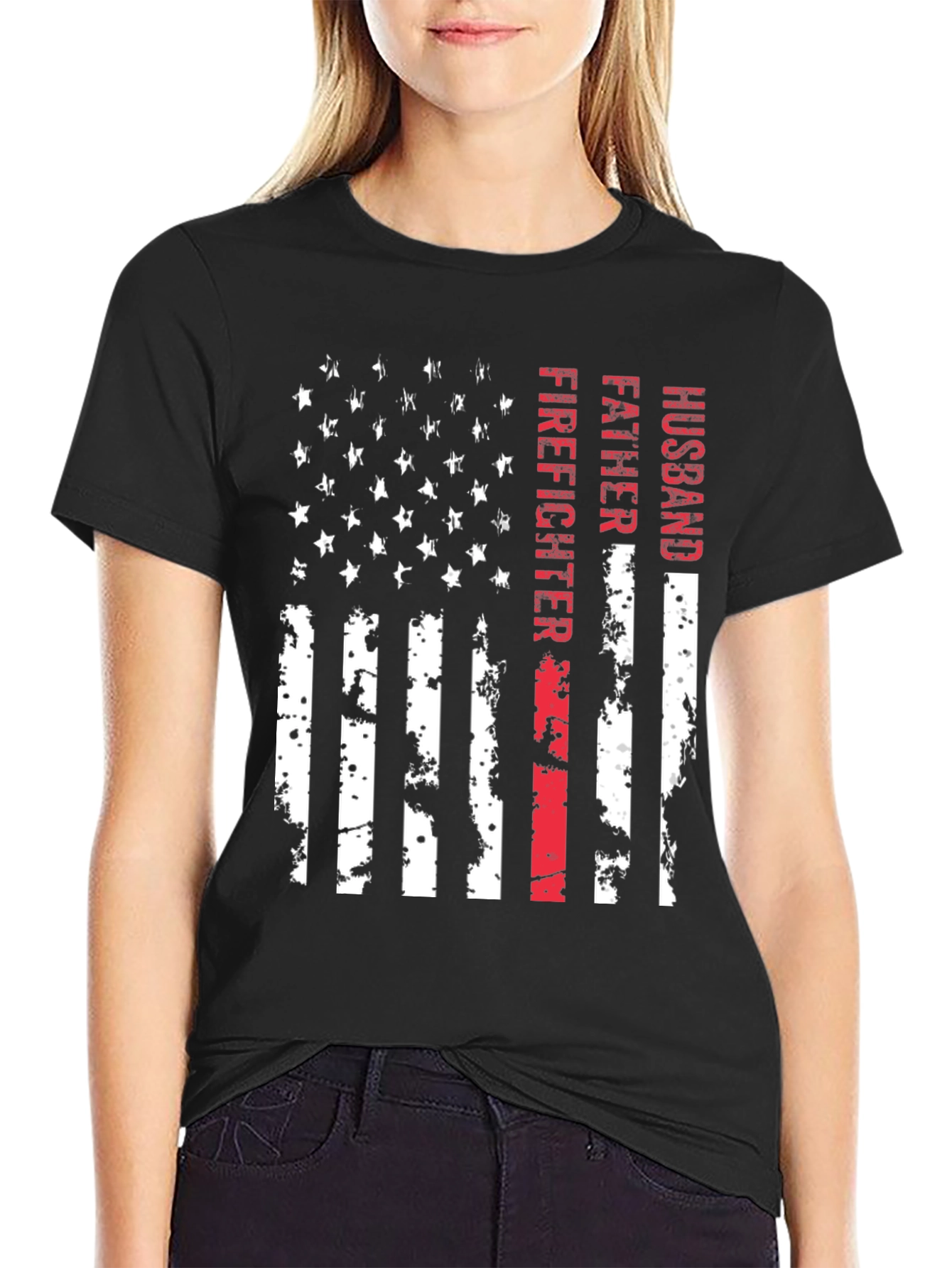 Firefighter Husband Father American Flag T-Shirt