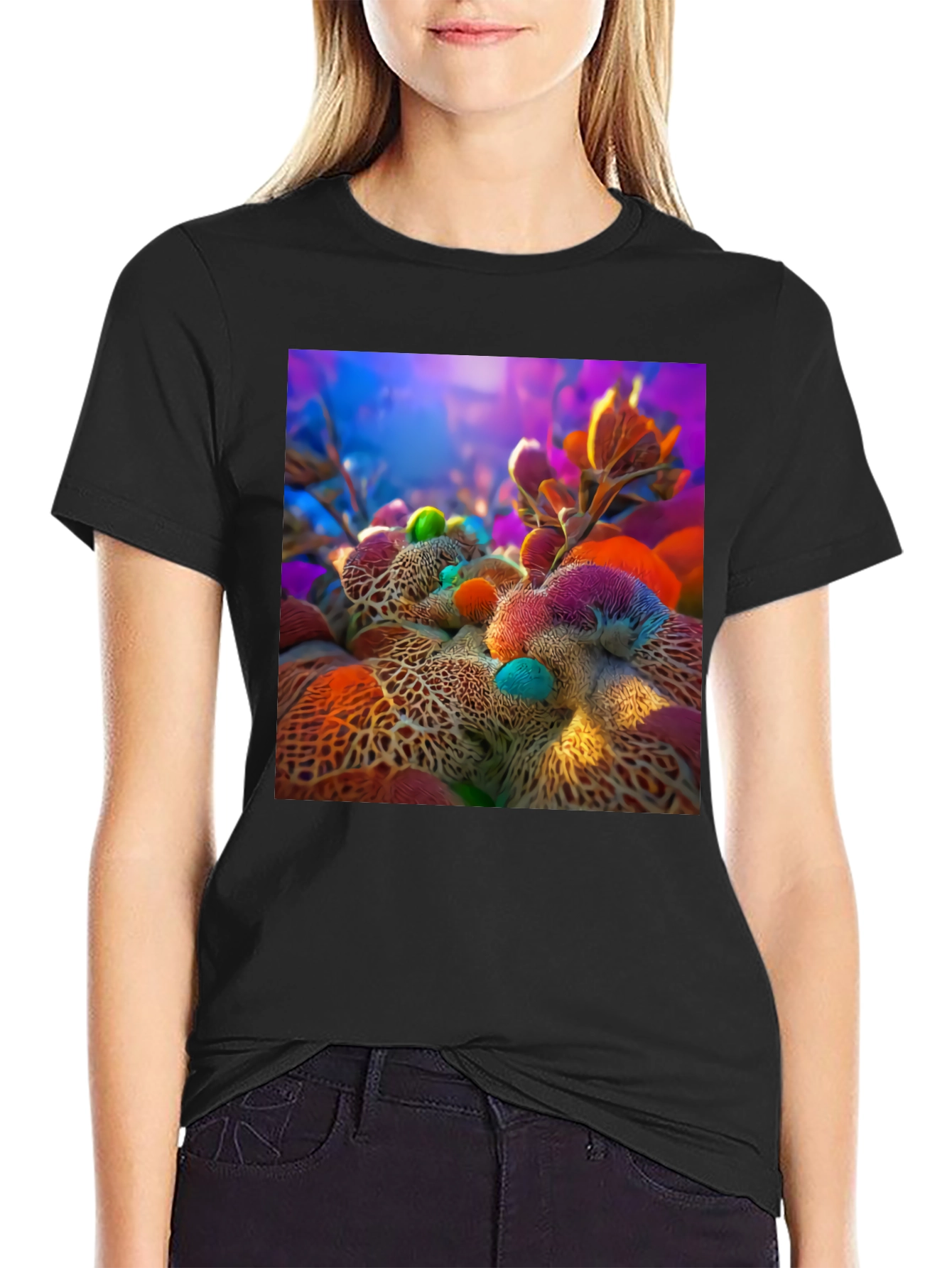 Abstract Floral Design Black T-Shirt