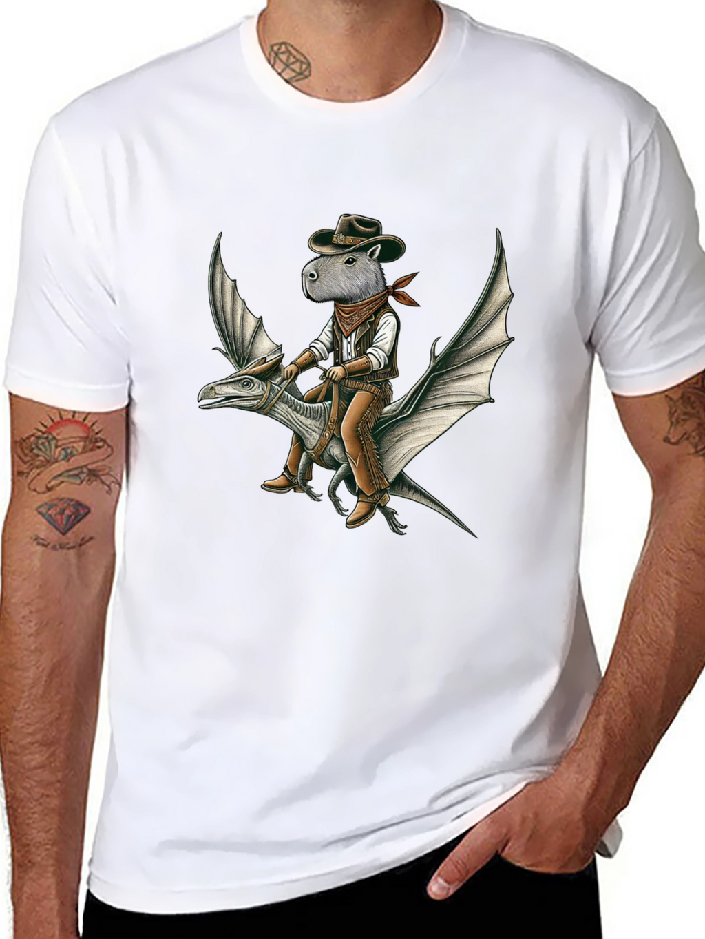 Capybara Cowboy Riding Dinosaur Graphic Tee