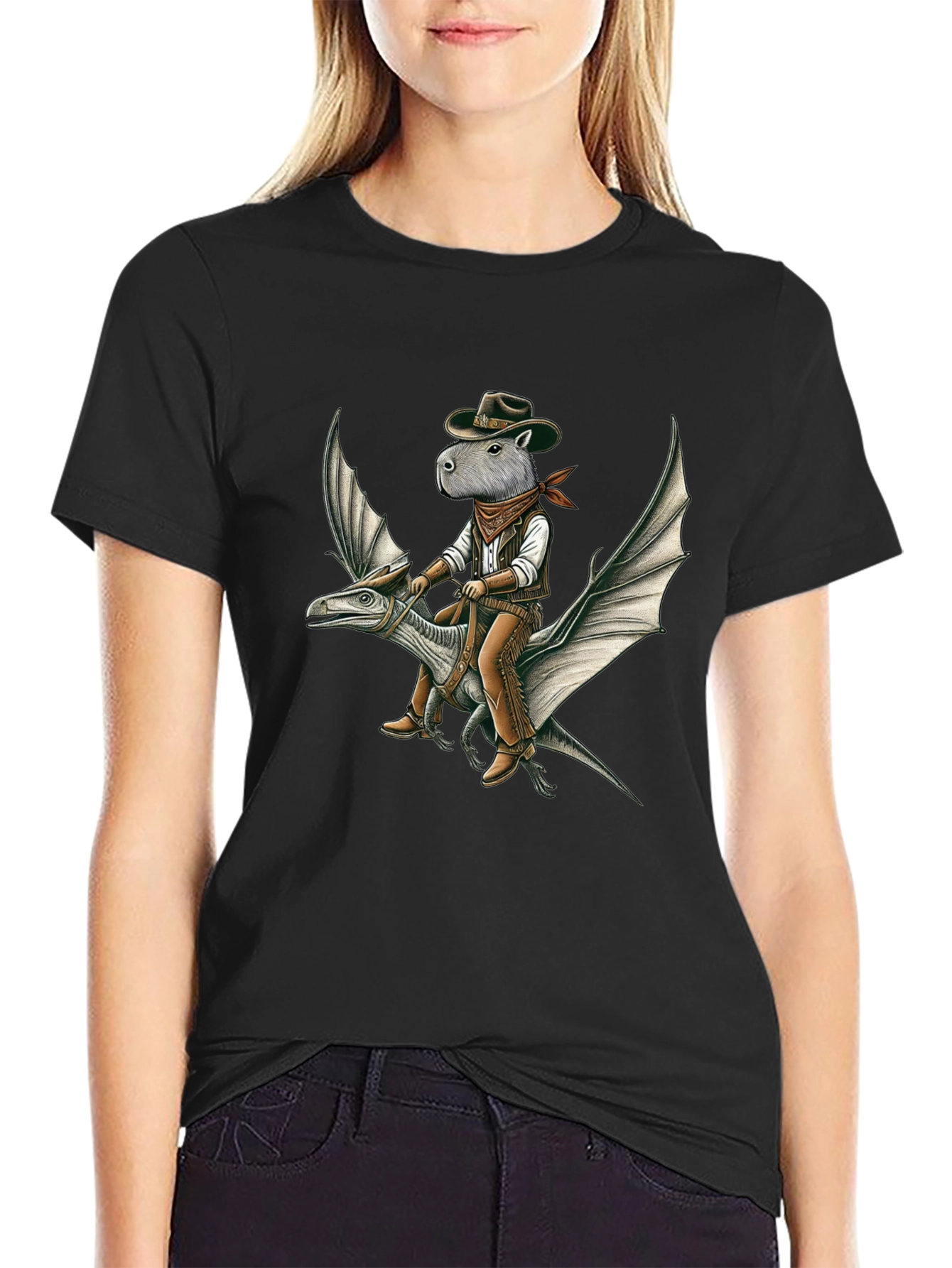 Capybara Cowboy Riding Dinosaur Graphic Tee
