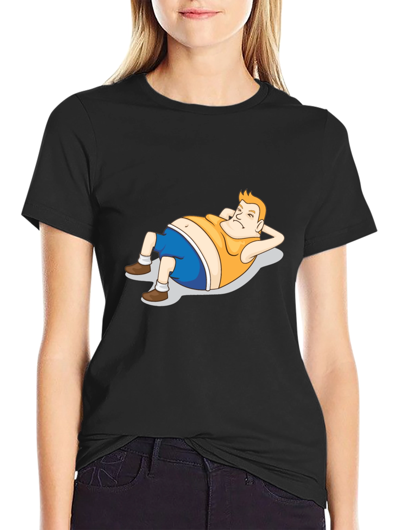 Cartoon Lazy Guy Black T-Shirt