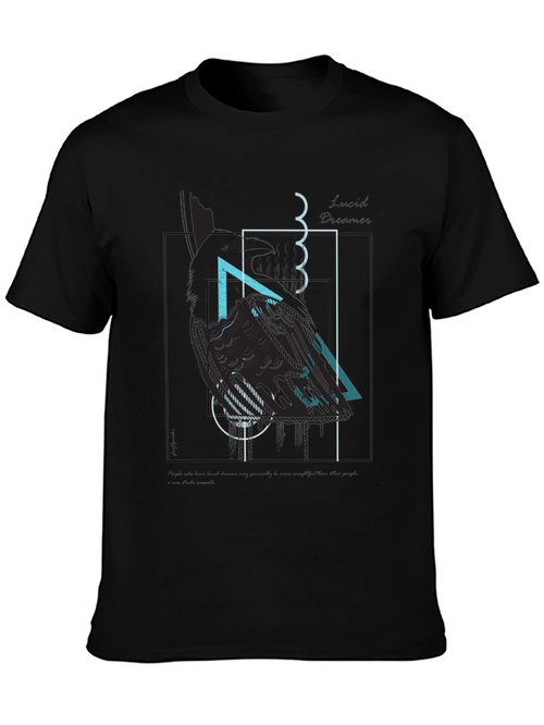 Abstract Geometric Raven Print Black T-Shirt