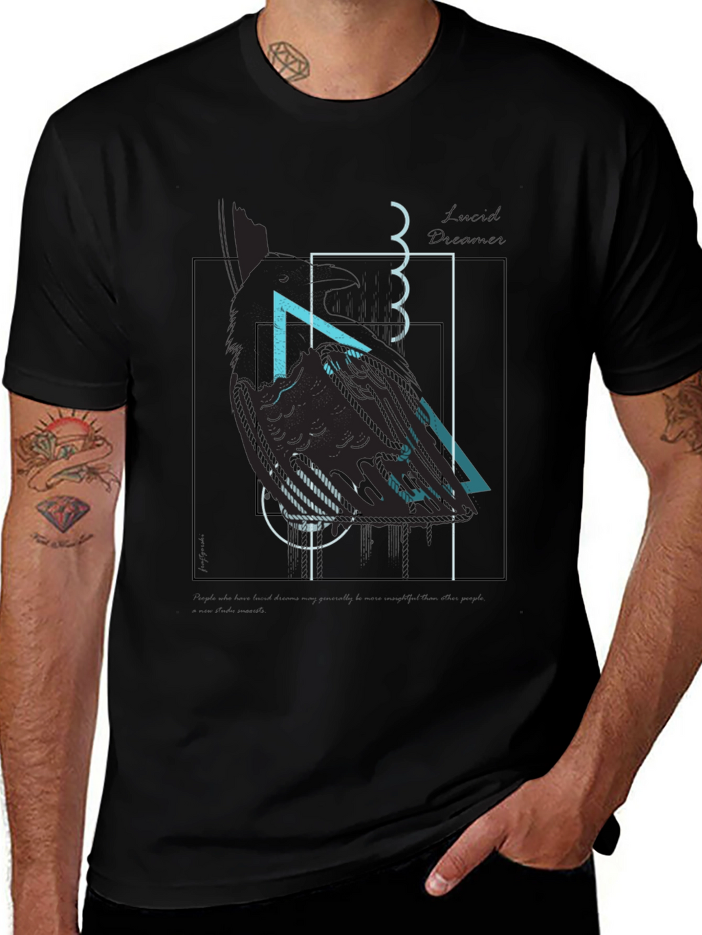 Abstract Geometric Raven Print Black T-Shirt
