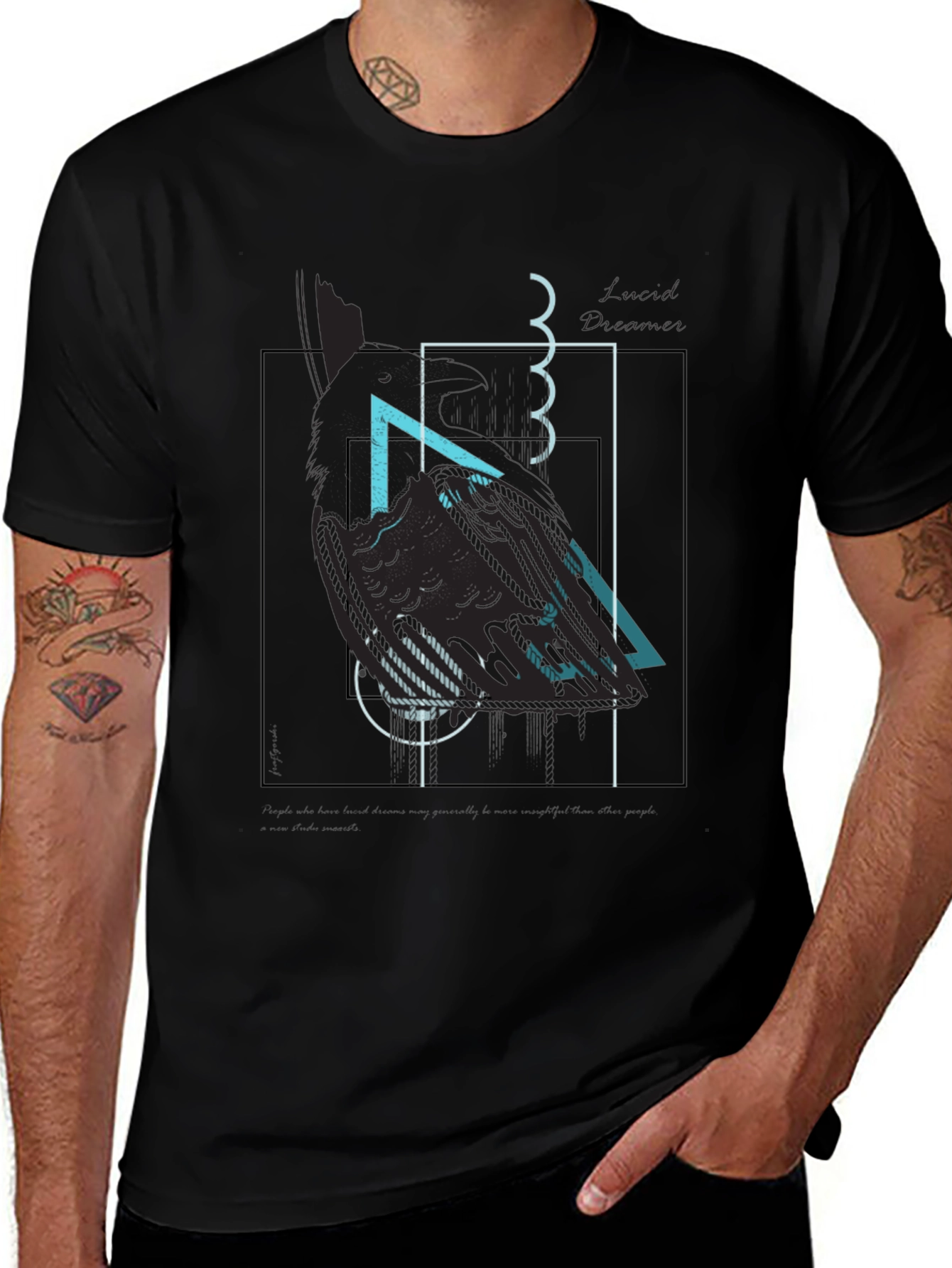 Abstract Geometric Raven Print Black T-Shirt