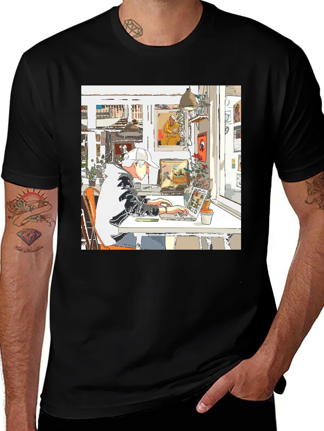 Artistic Laptop Scene Graphic Tee - Black Cotton T-Shirt