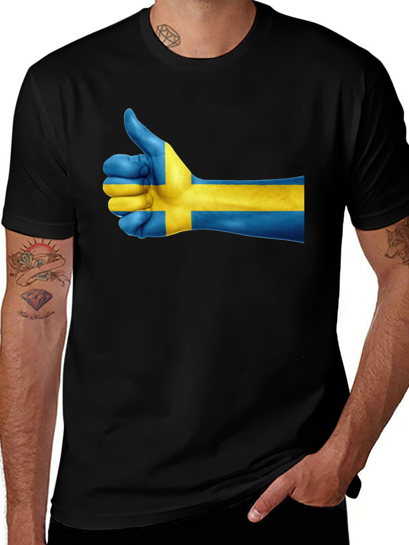 Sweden Flag Thumbs Up Graphic Tee - Black