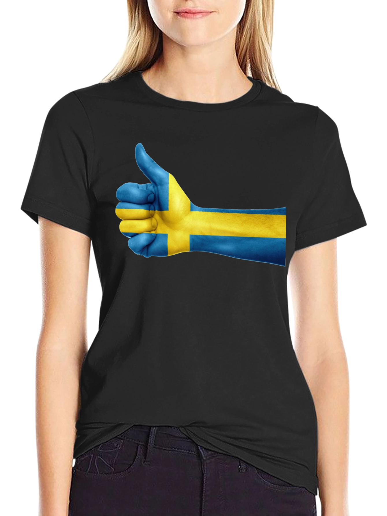 Sweden Flag Thumbs Up Graphic Tee - Black
