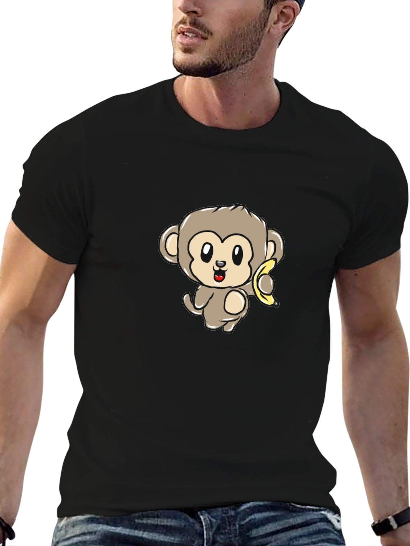 Cartoon Monkey Banana Graphic Print T-Shirt