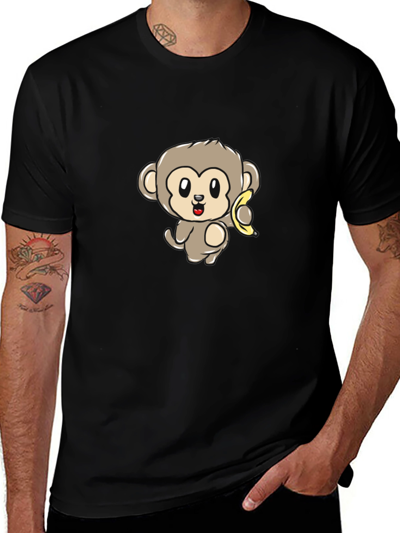 Cartoon Monkey Banana Graphic Print T-Shirt