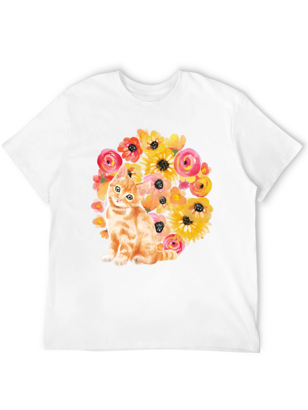 Floral Cat T-Shirt - Black Cotton Tee