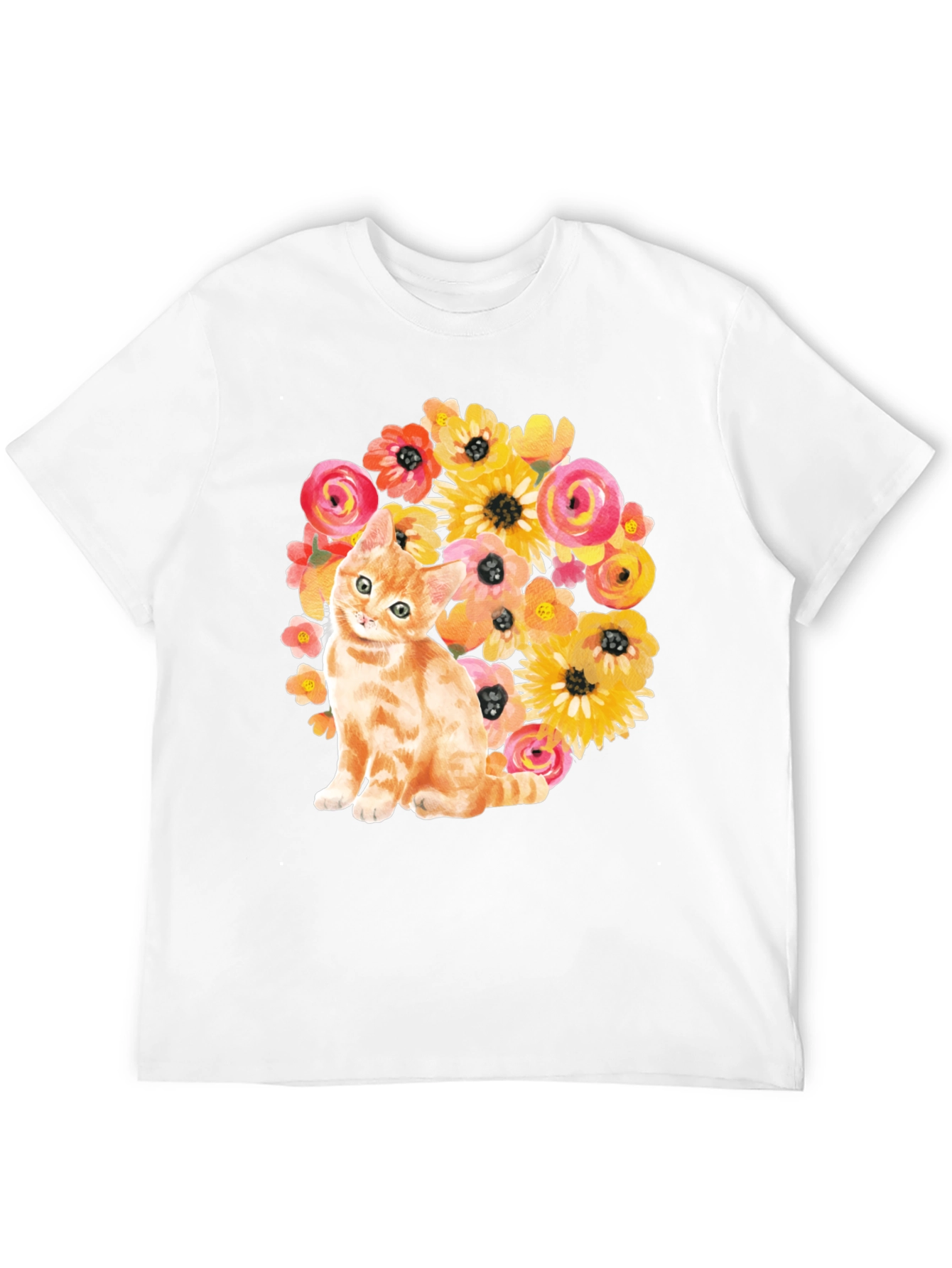 Floral Cat T-Shirt - Black Cotton Tee