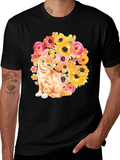 Floral Cat T-Shirt - Black Cotton Tee