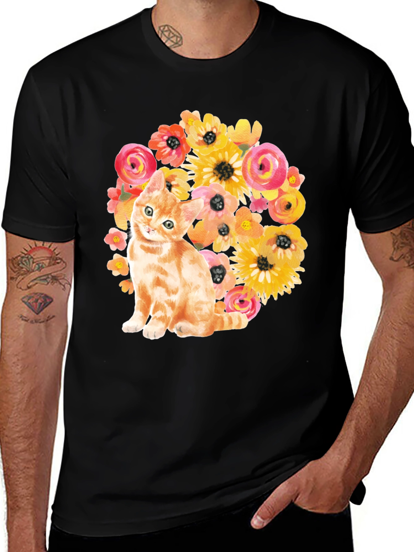 Floral Cat T-Shirt - Black Cotton Tee