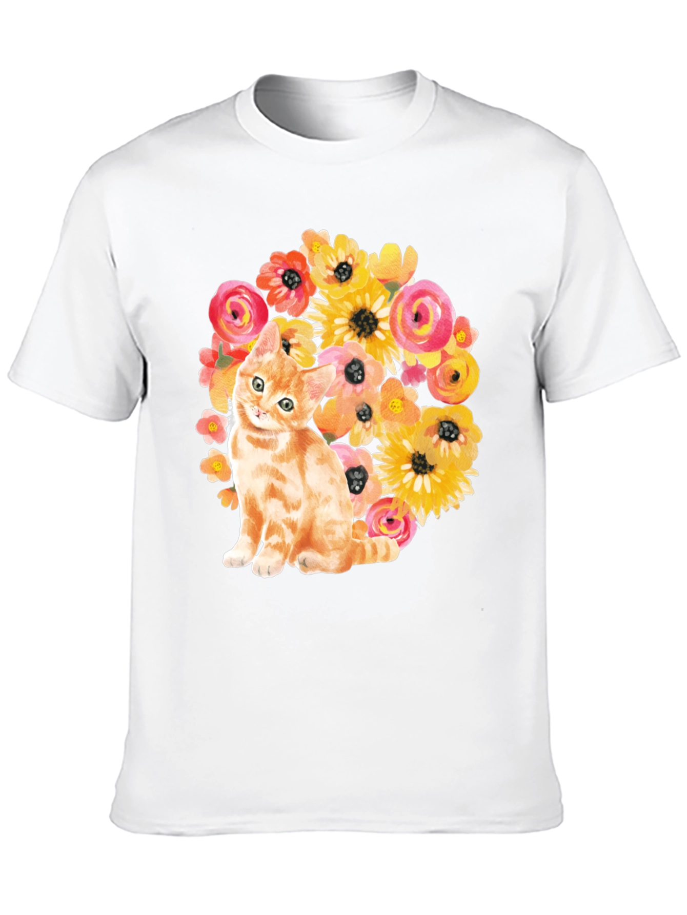 Floral Cat T-Shirt - Black Cotton Tee