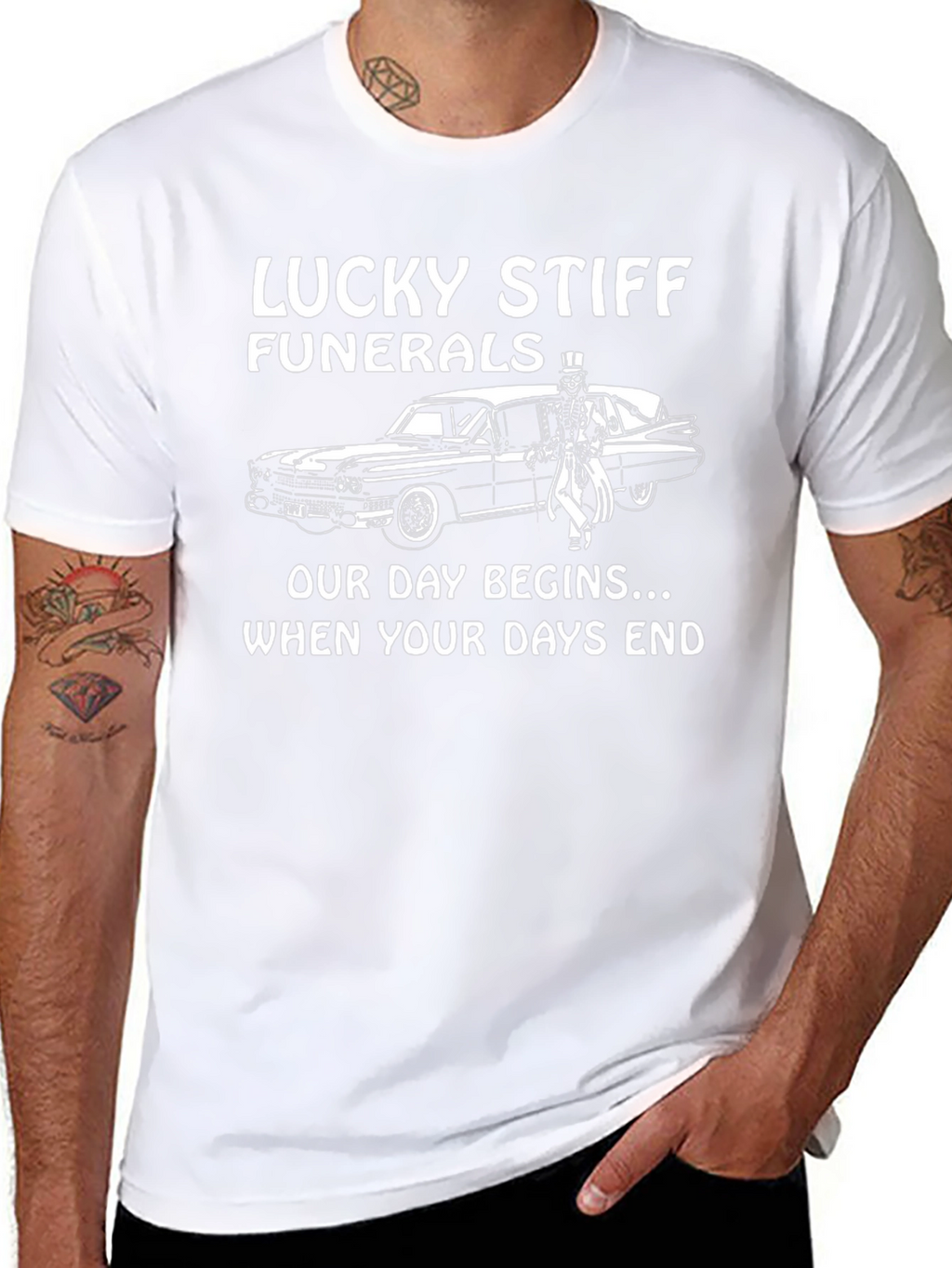 Lucky Stiff Funerals T-Shirt - Our Day Begins...