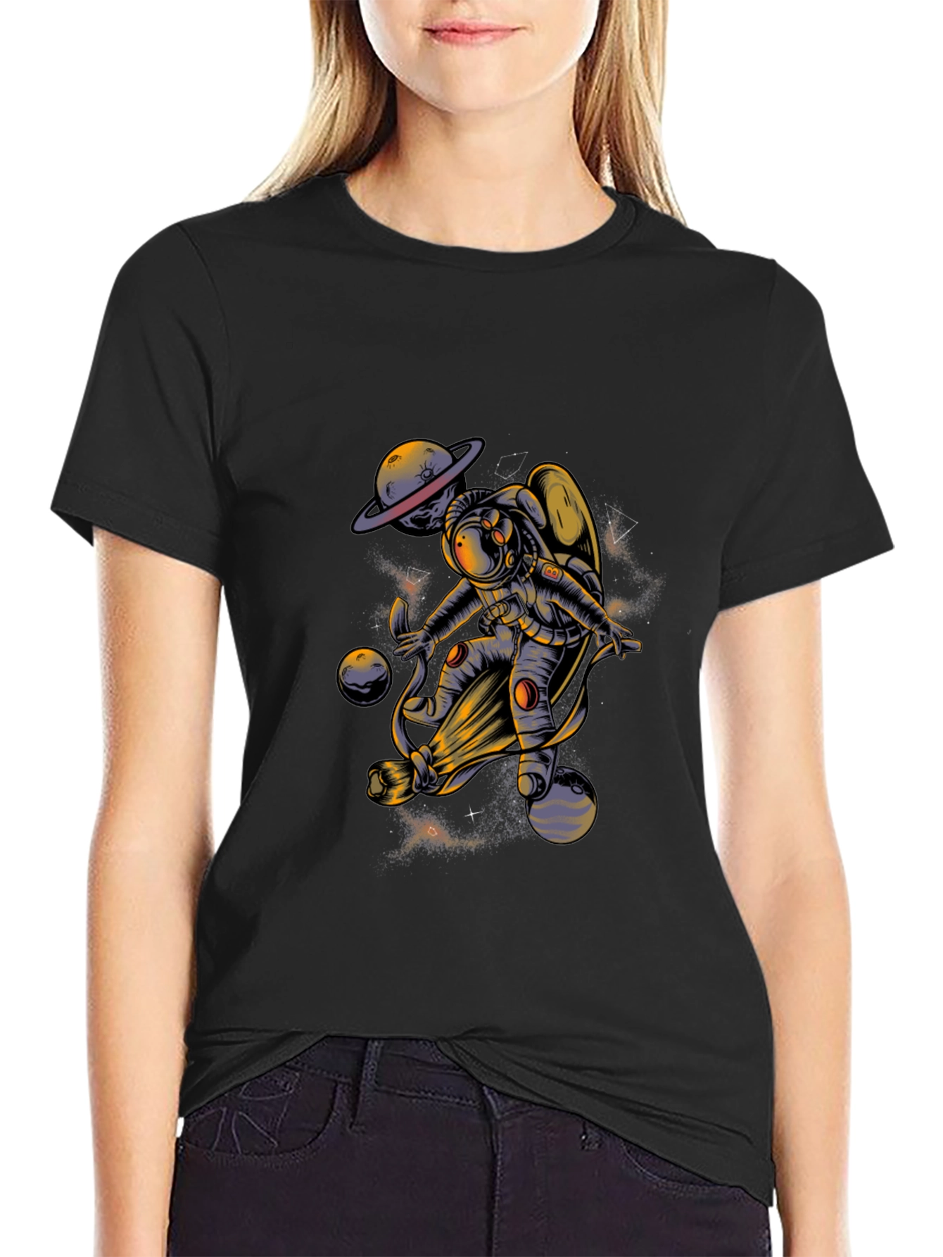 Astronaut in Space Graphic Tee - Black Cotton Blend T-Shirt