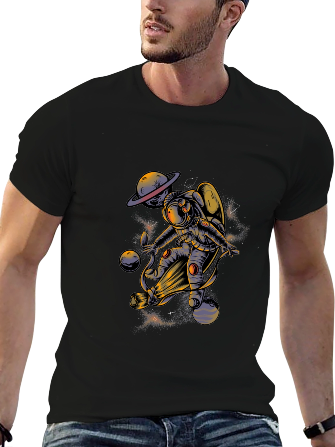 Astronaut in Space Graphic Tee - Black Cotton Blend T-Shirt
