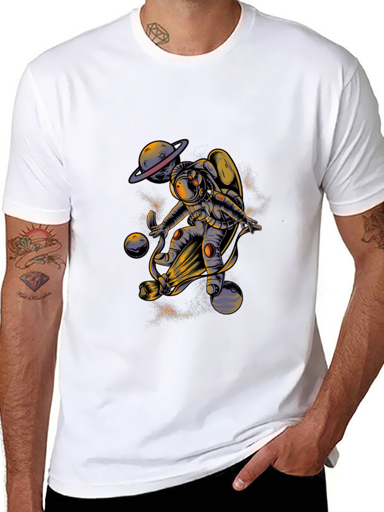 Astronaut in Space Graphic Tee - Black Cotton Blend T-Shirt