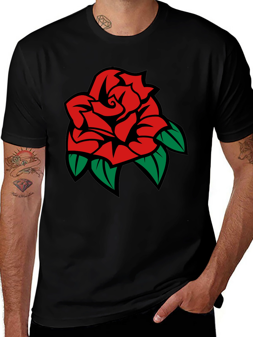 Black T-Shirt with Rose Graphic