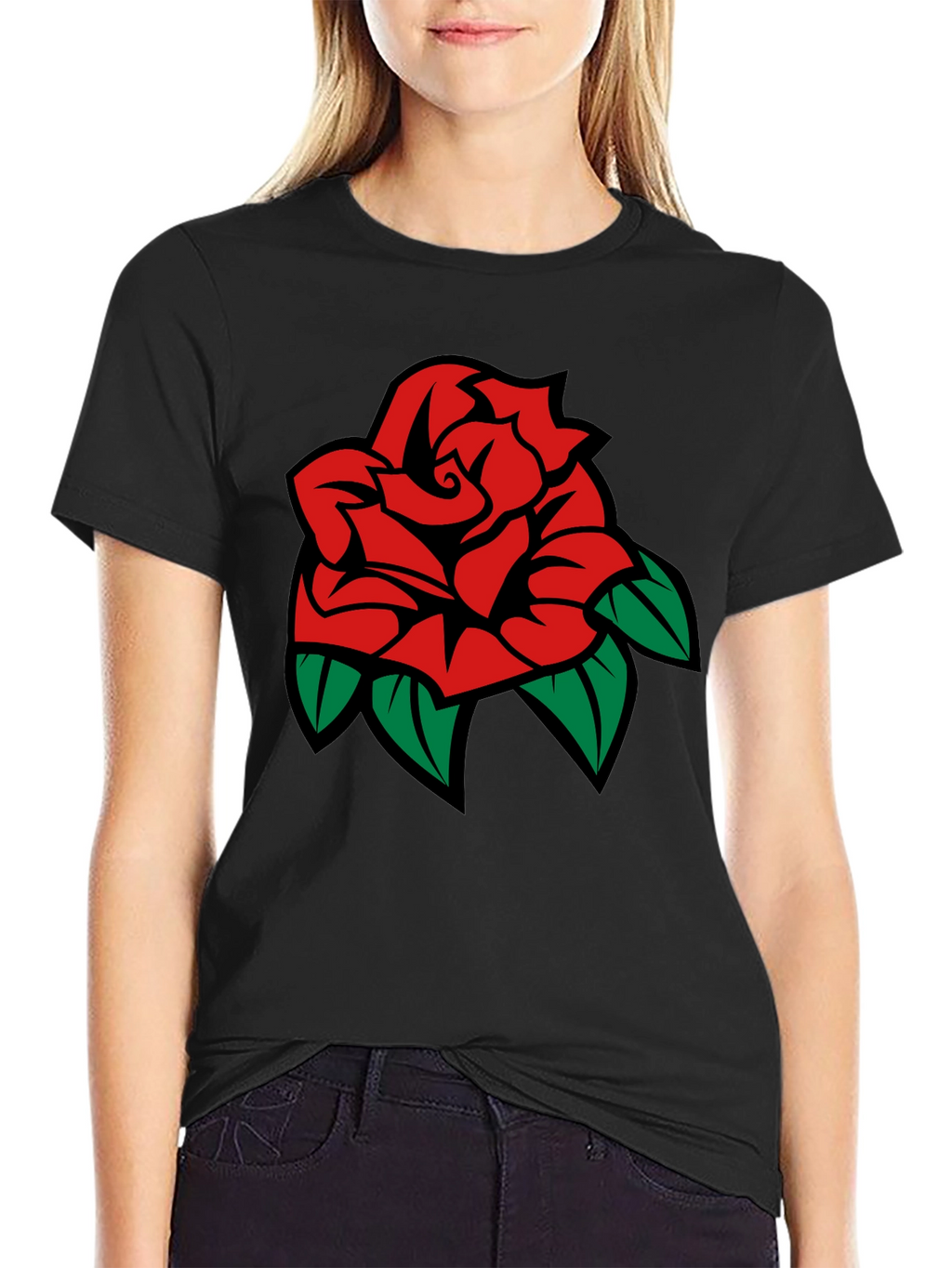 Black T-Shirt with Rose Graphic