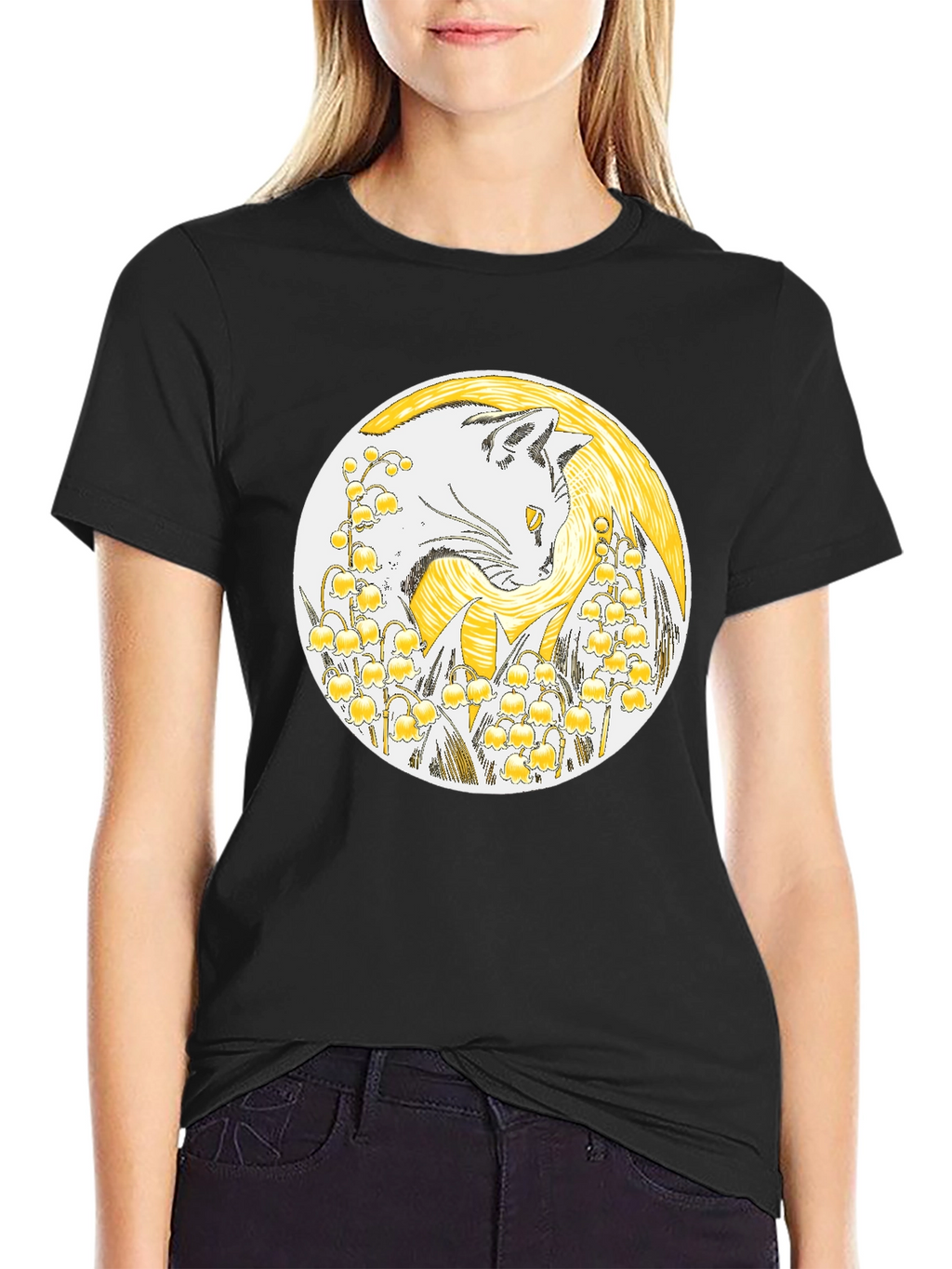 Cat & Lily of the Valley Black T-Shirt
