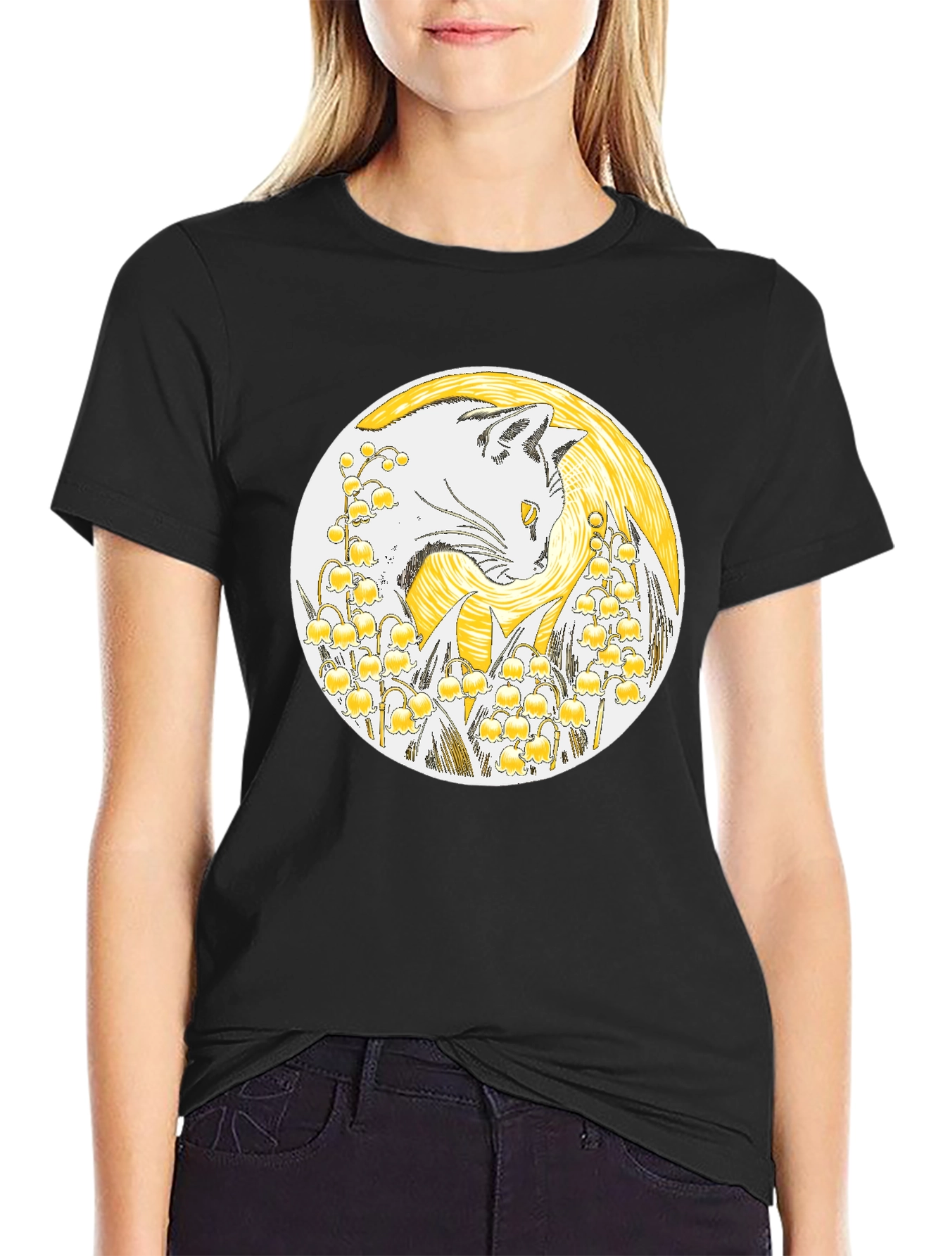 Cat & Lily of the Valley Black T-Shirt