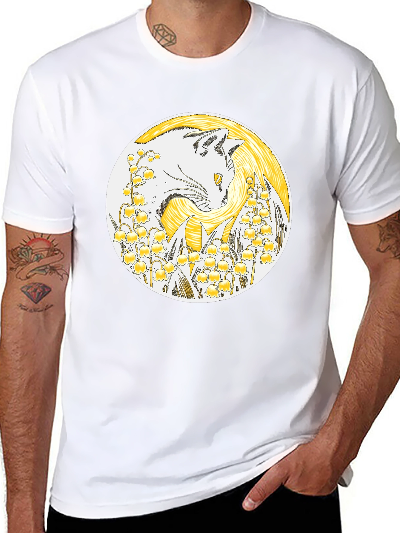 Cat & Lily of the Valley Black T-Shirt
