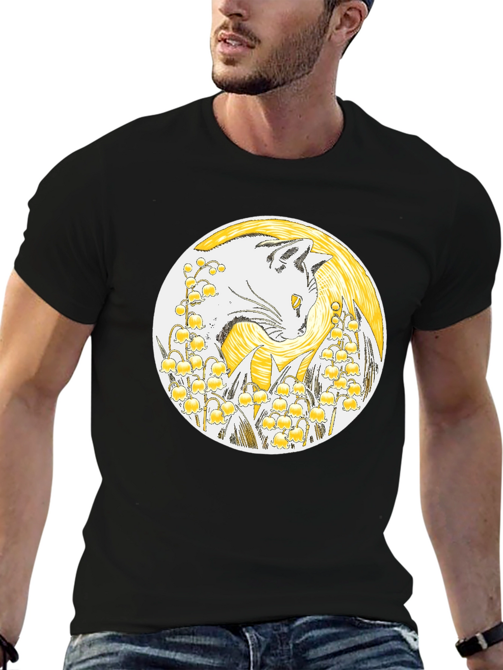 Cat & Lily of the Valley Black T-Shirt