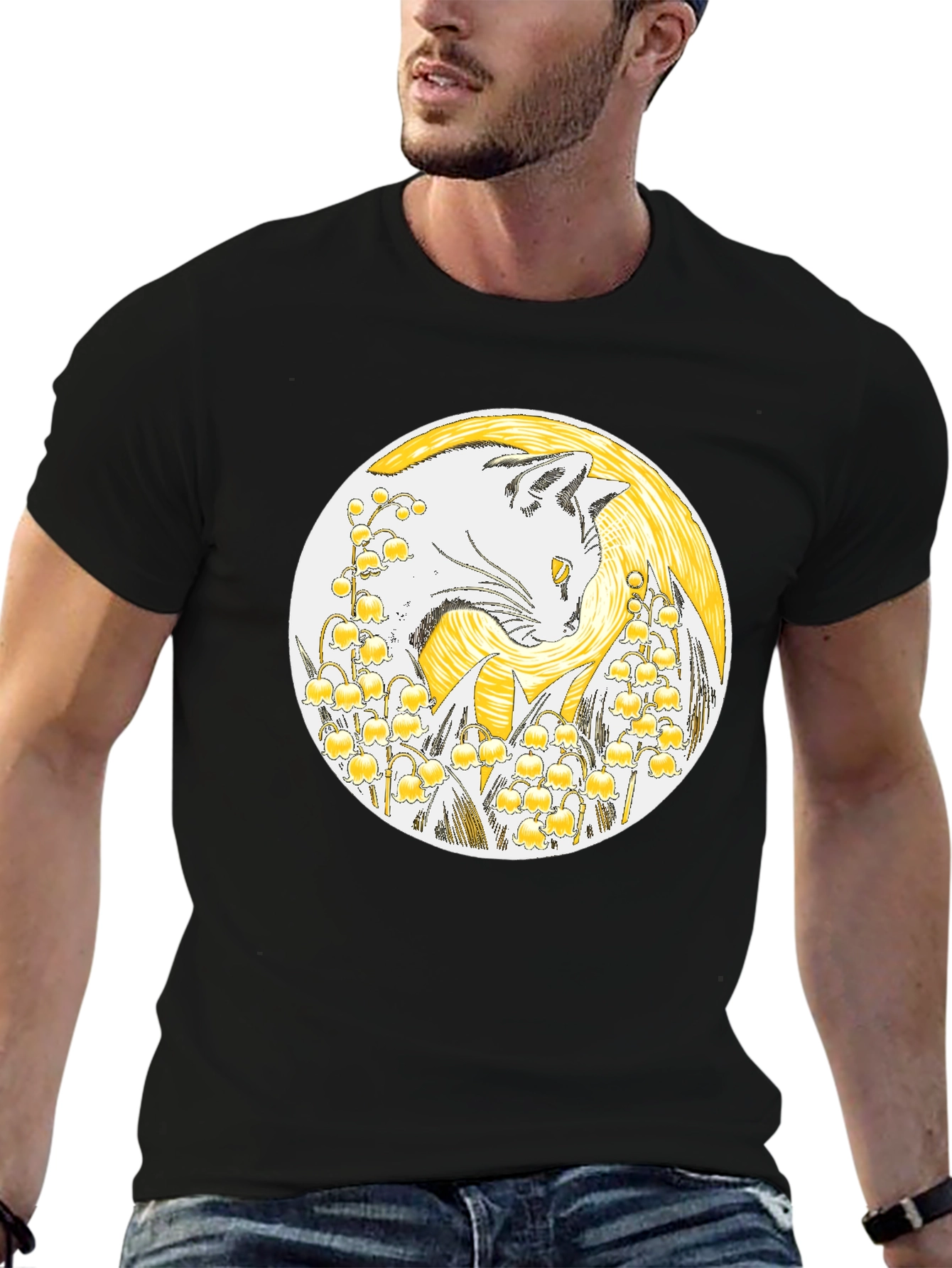 Cat & Lily of the Valley Black T-Shirt