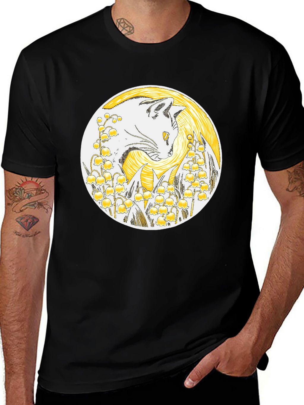 Cat & Lily of the Valley Black T-Shirt
