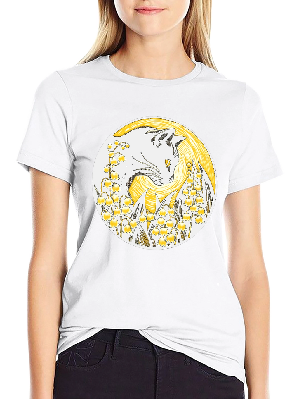 Cat & Lily of the Valley Black T-Shirt