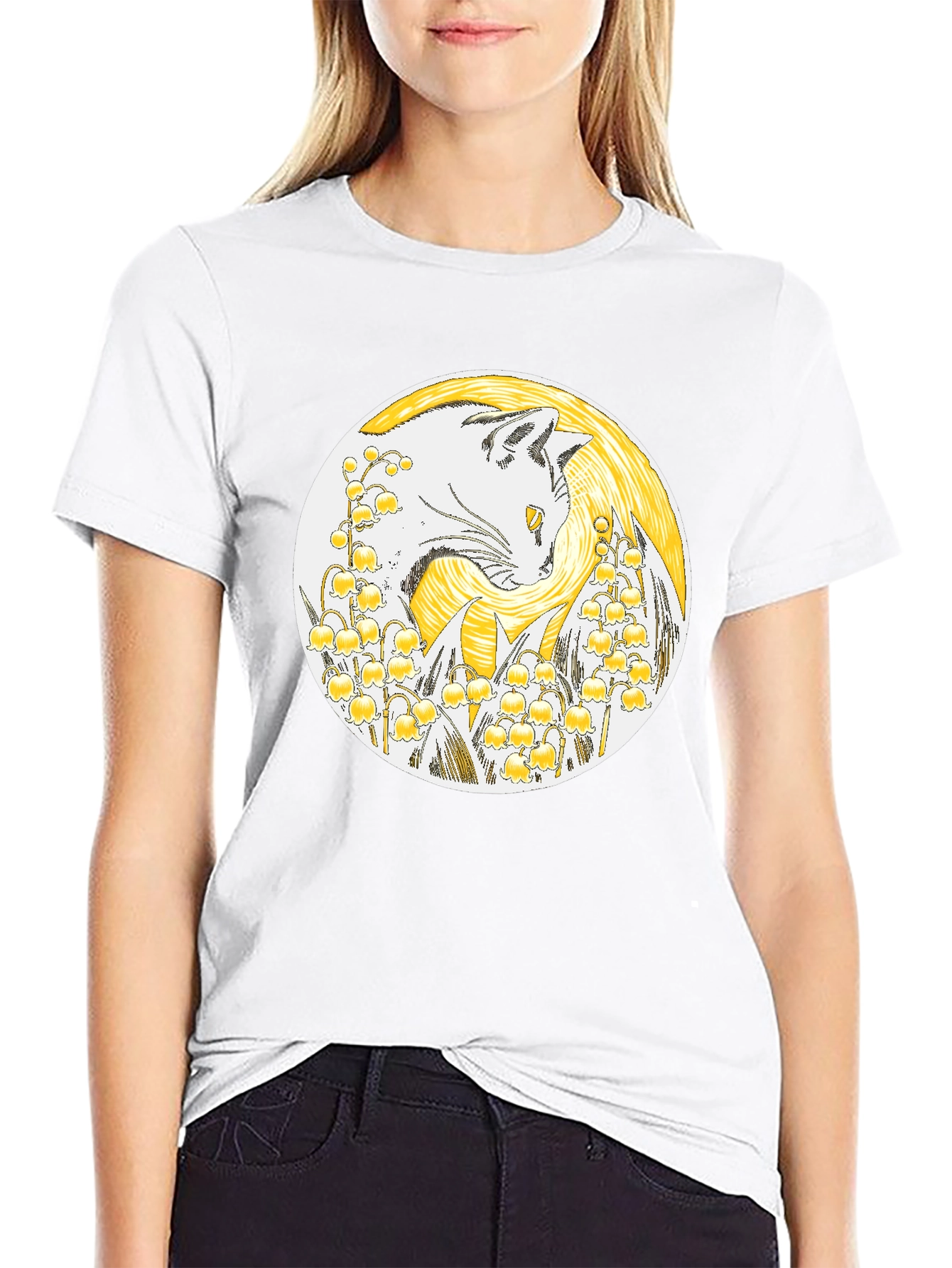 Cat & Lily of the Valley Black T-Shirt