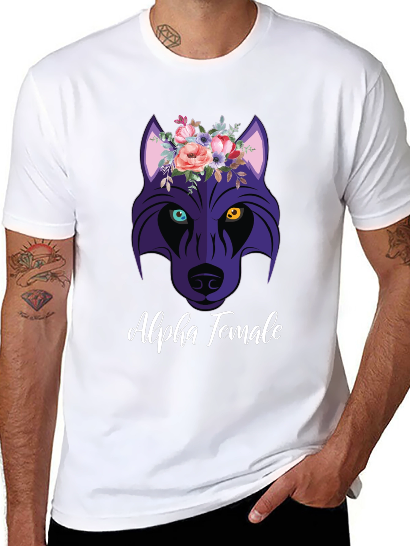Alpha Female Wolf Flower Graphic T-Shirt