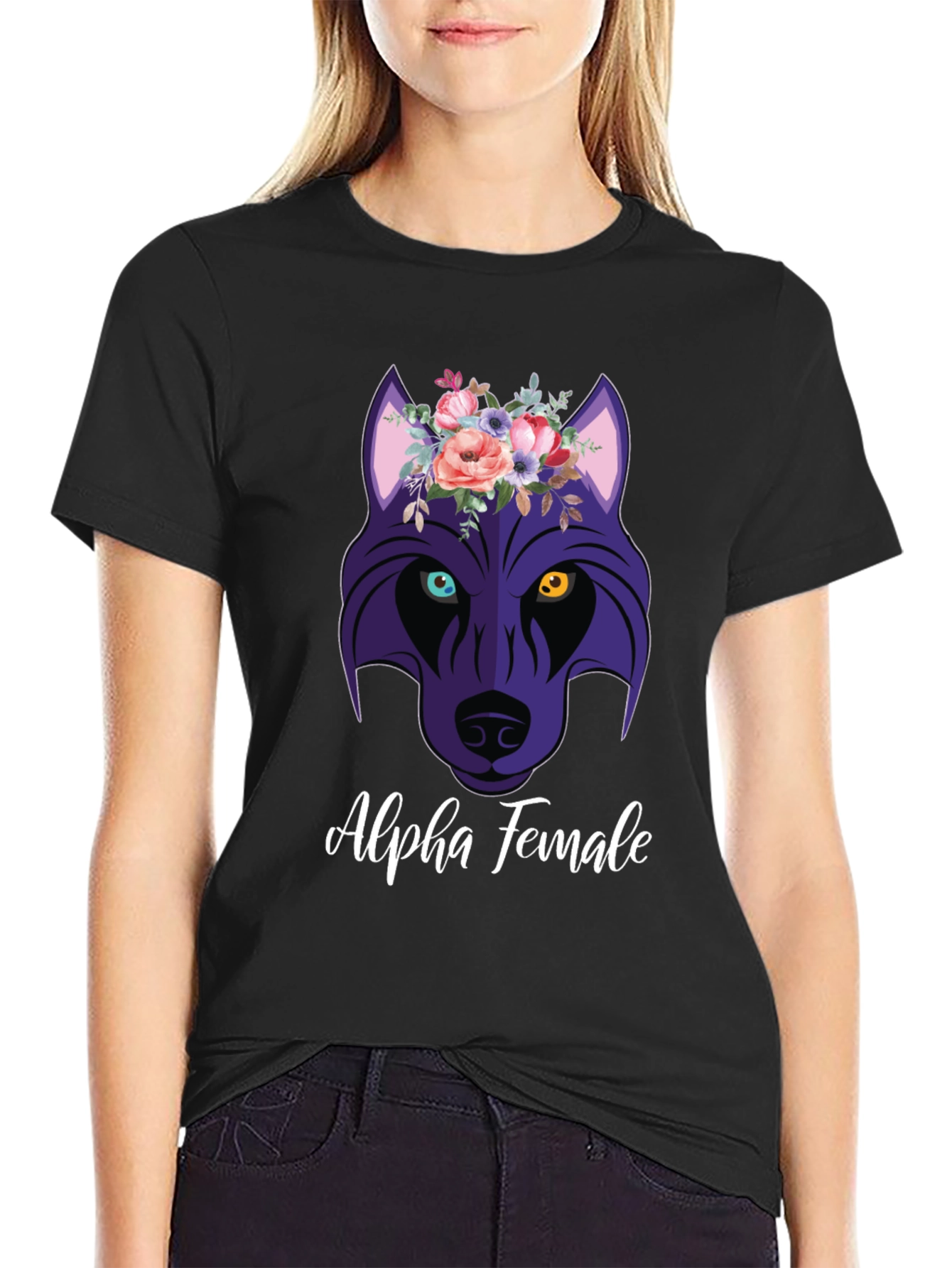 Alpha Female Wolf Flower Graphic T-Shirt