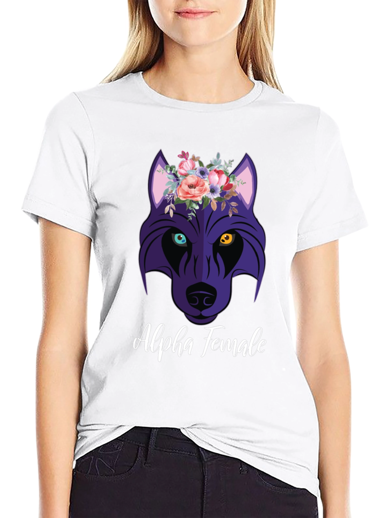 Alpha Female Wolf Flower Graphic T-Shirt