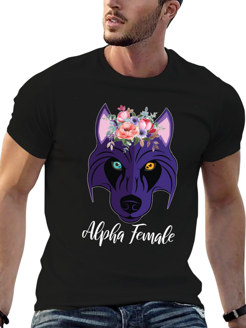 Alpha Female Wolf Flower Graphic T-Shirt