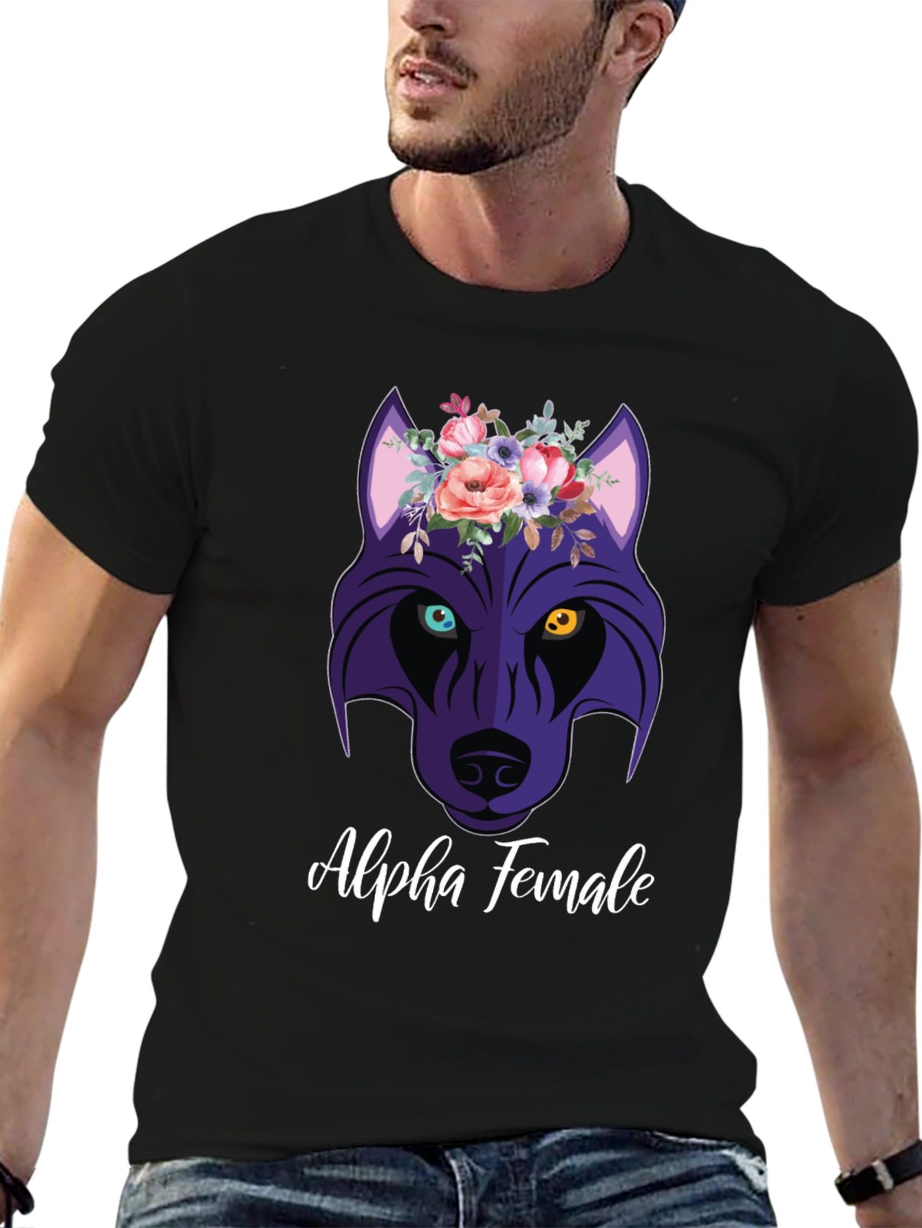 Alpha Female Wolf Flower Graphic T-Shirt