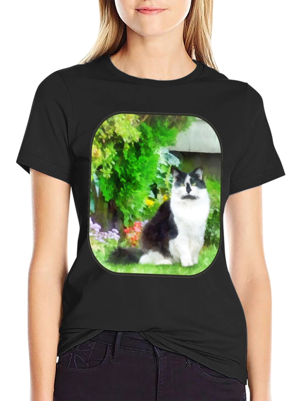 Cat in Garden Black T-Shirt