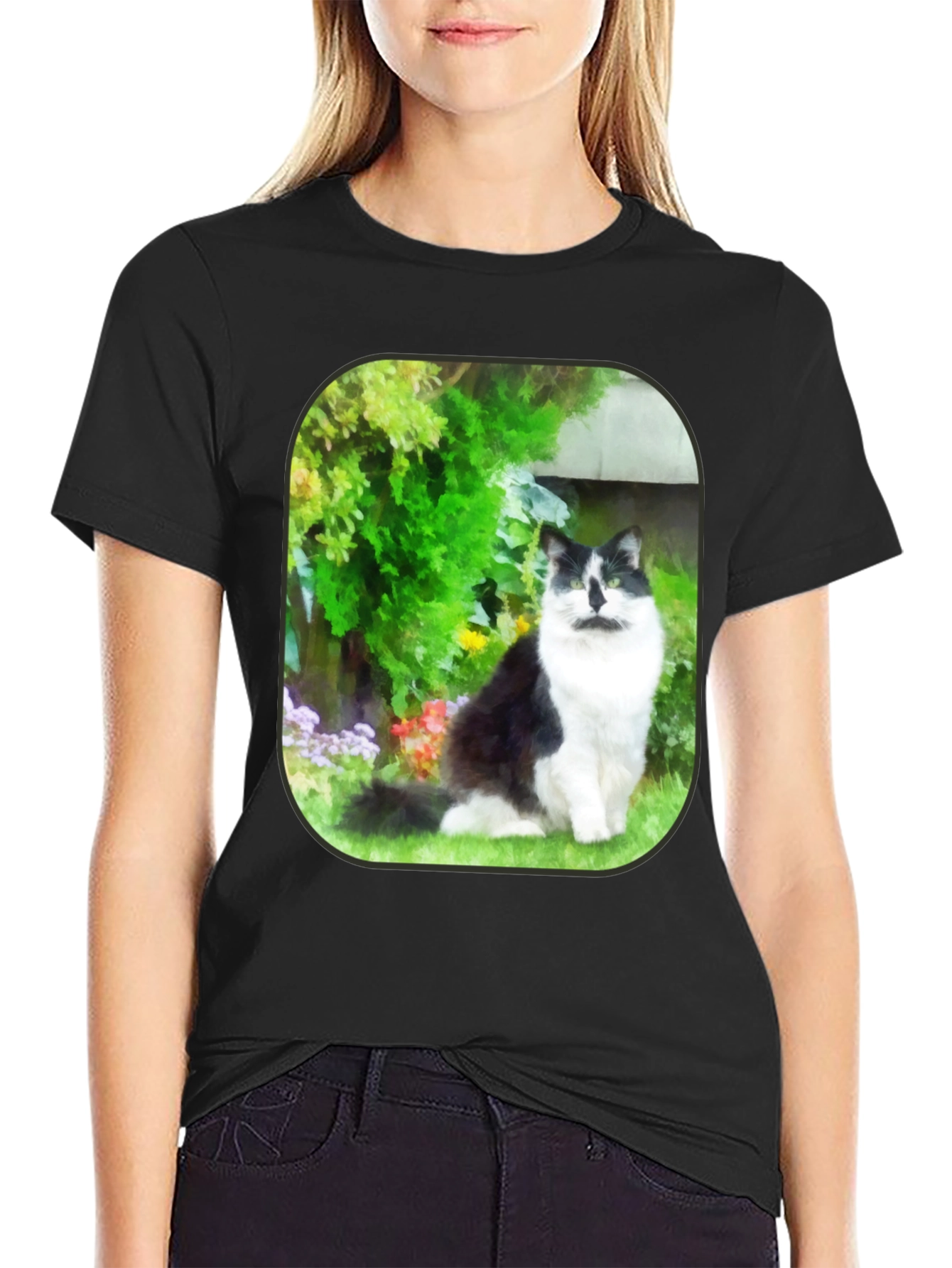 Cat in Garden Black T-Shirt