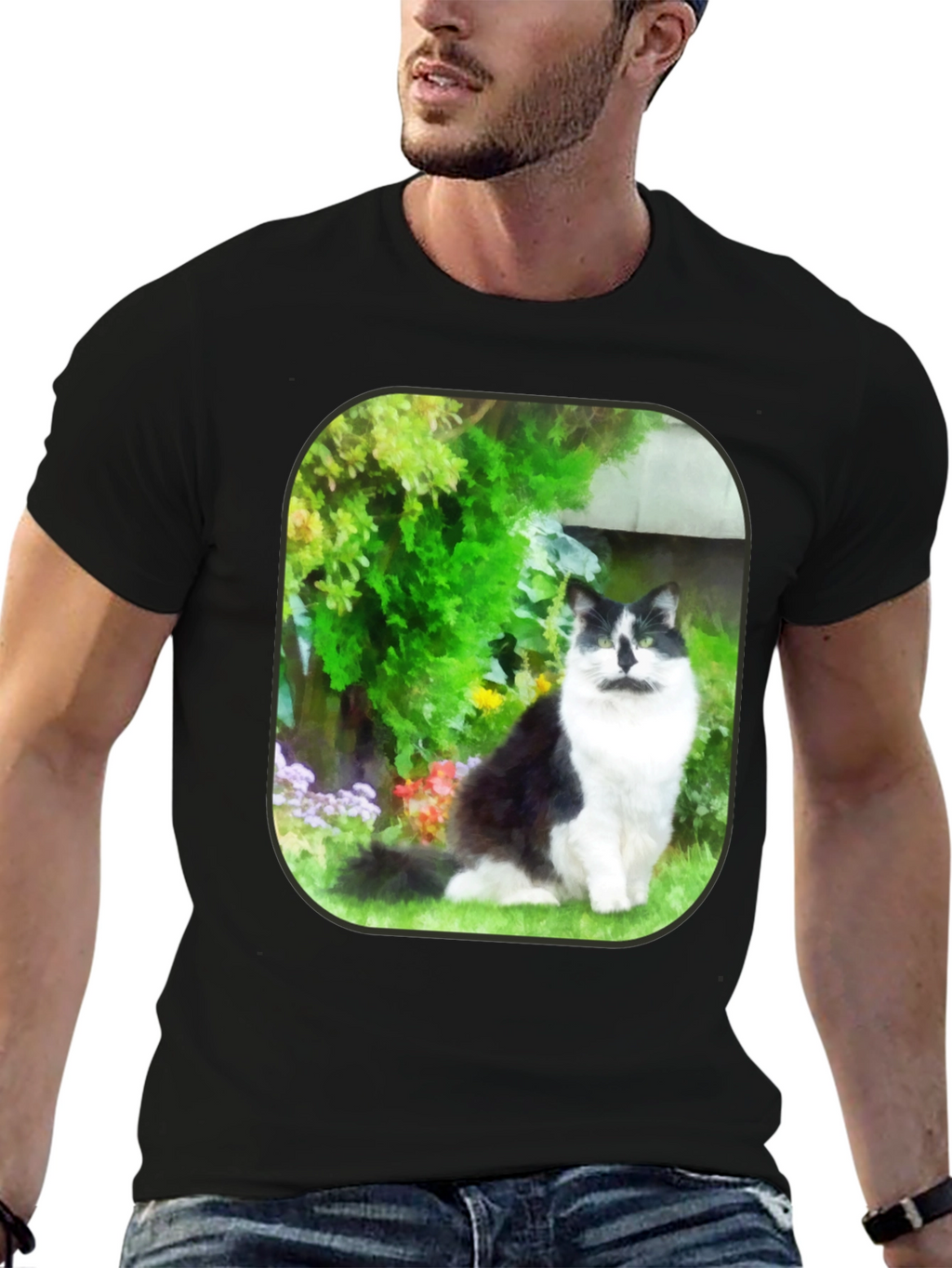 Cat in Garden Black T-Shirt