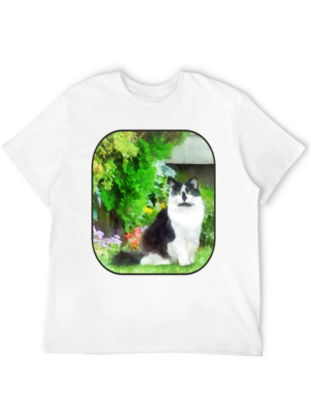 Cat in Garden Black T-Shirt