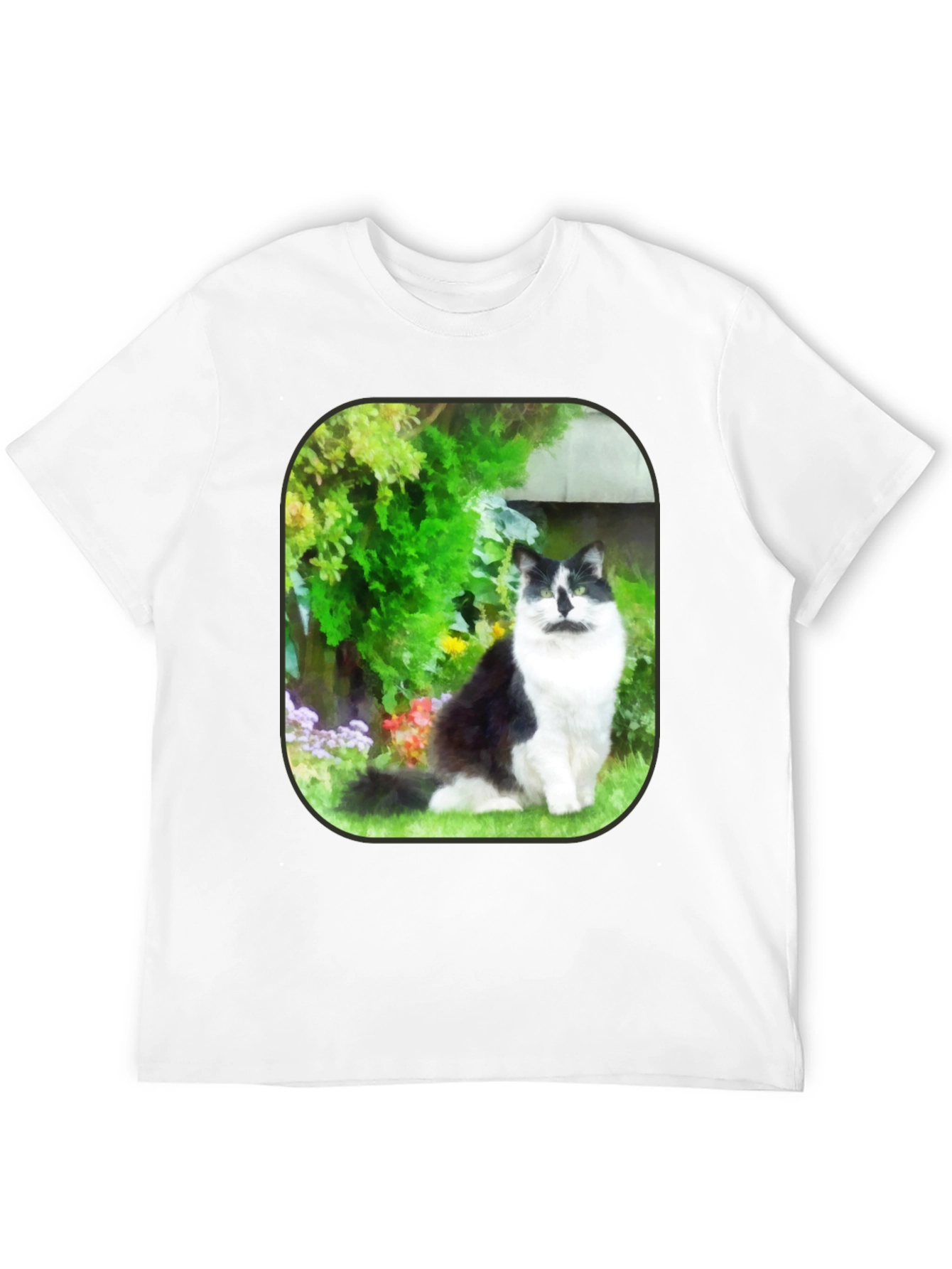 Cat in Garden Black T-Shirt