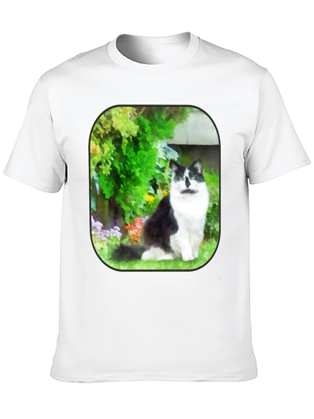 Cat in Garden Black T-Shirt