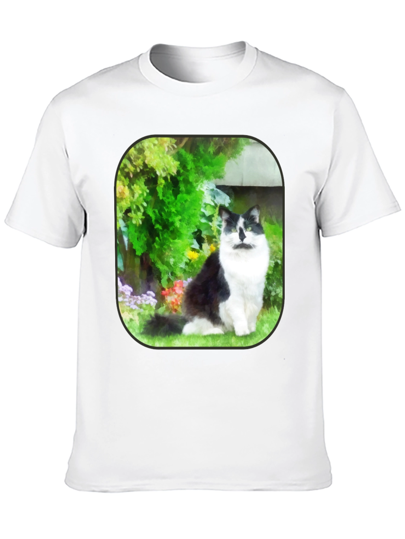 Cat in Garden Black T-Shirt