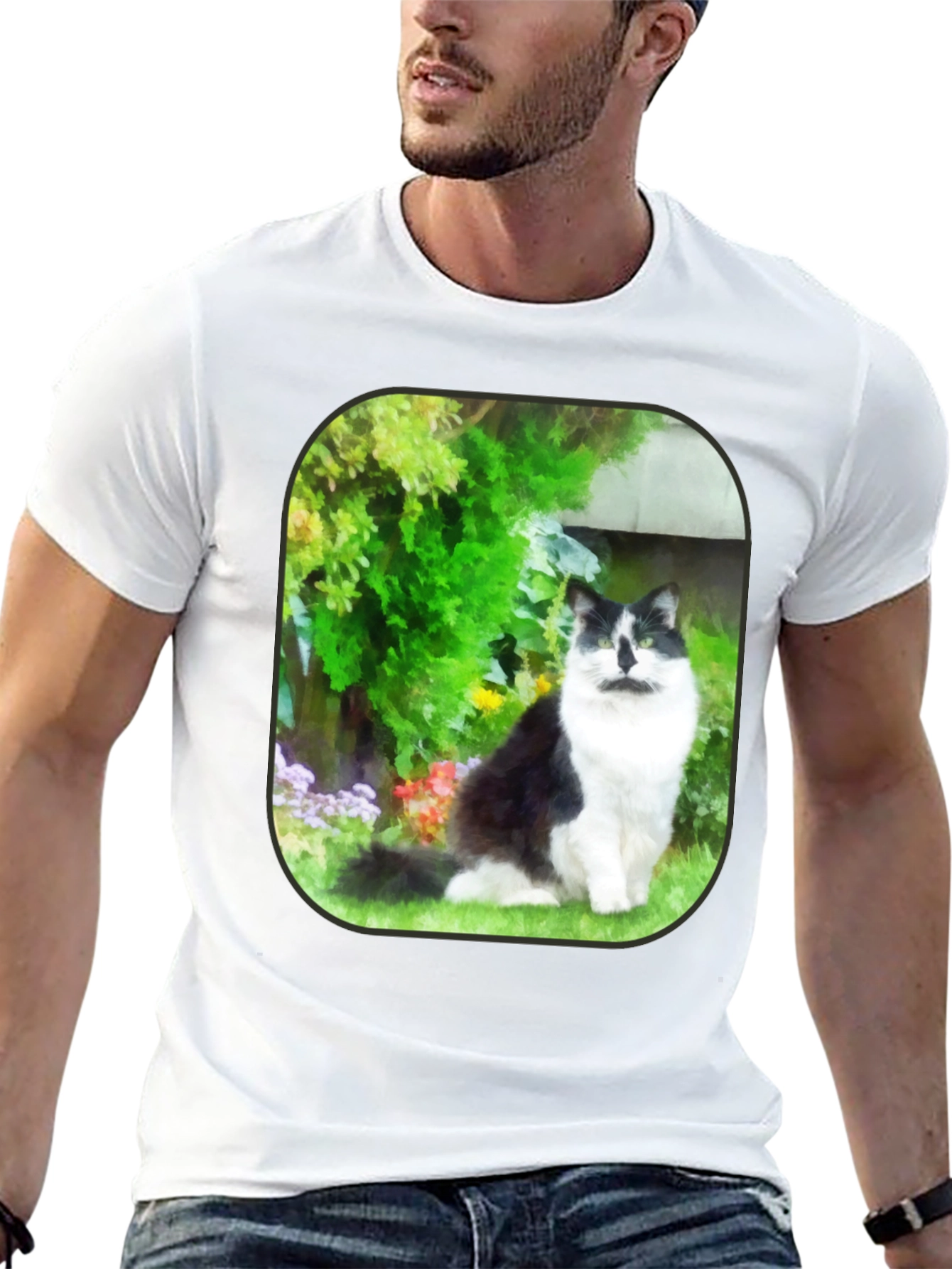Cat in Garden Black T-Shirt