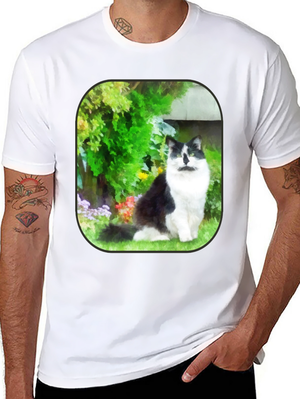 Cat in Garden Black T-Shirt