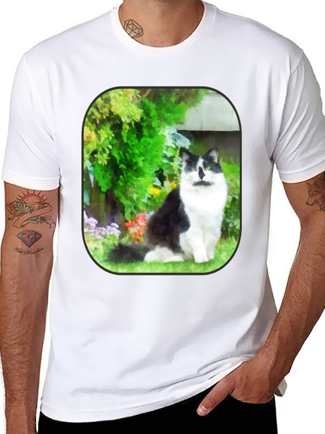 Cat in Garden Black T-Shirt