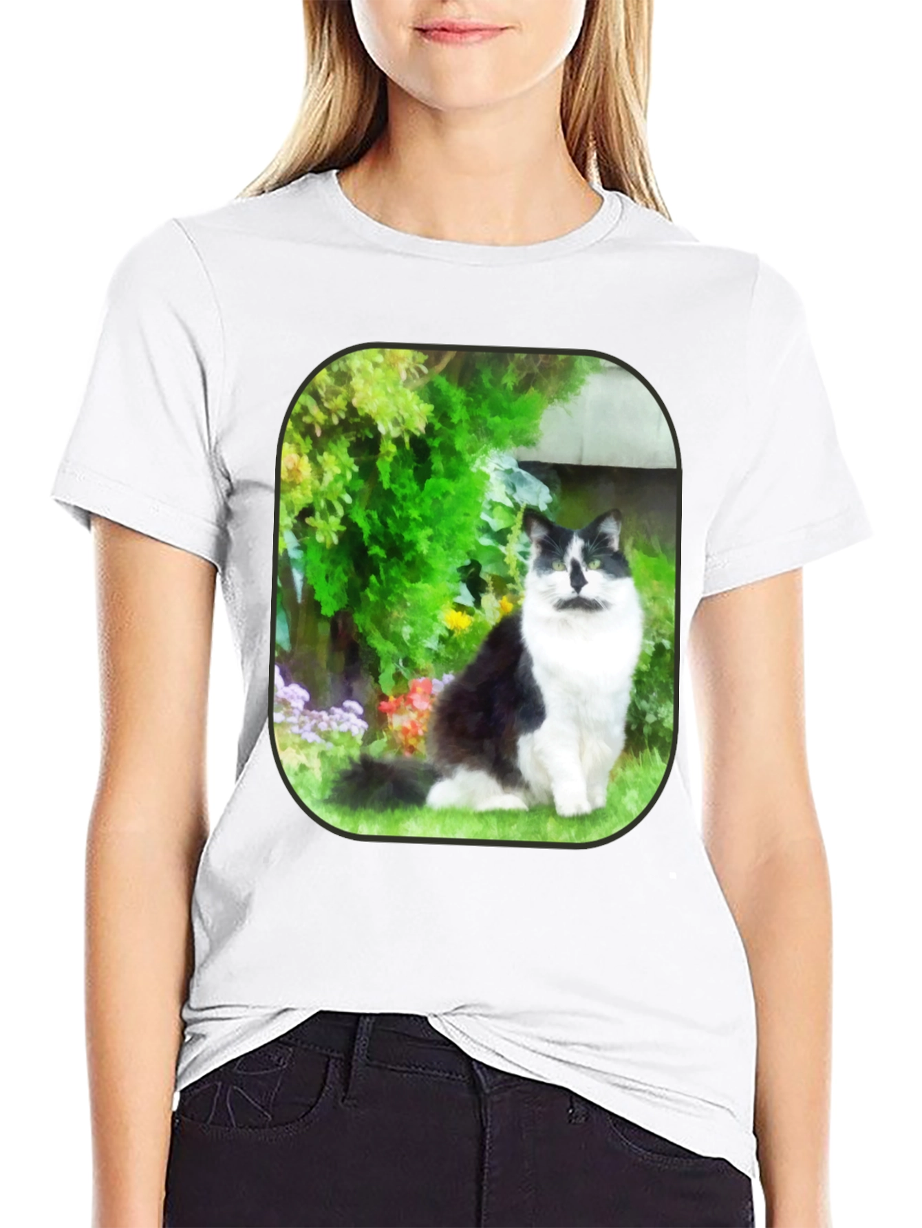 Cat in Garden Black T-Shirt