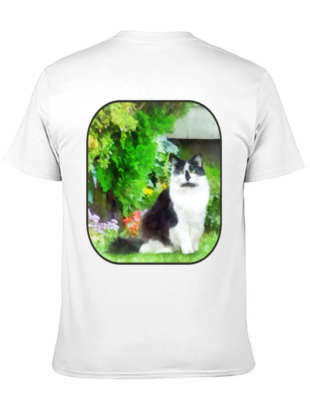 Cat in Garden Black T-Shirt